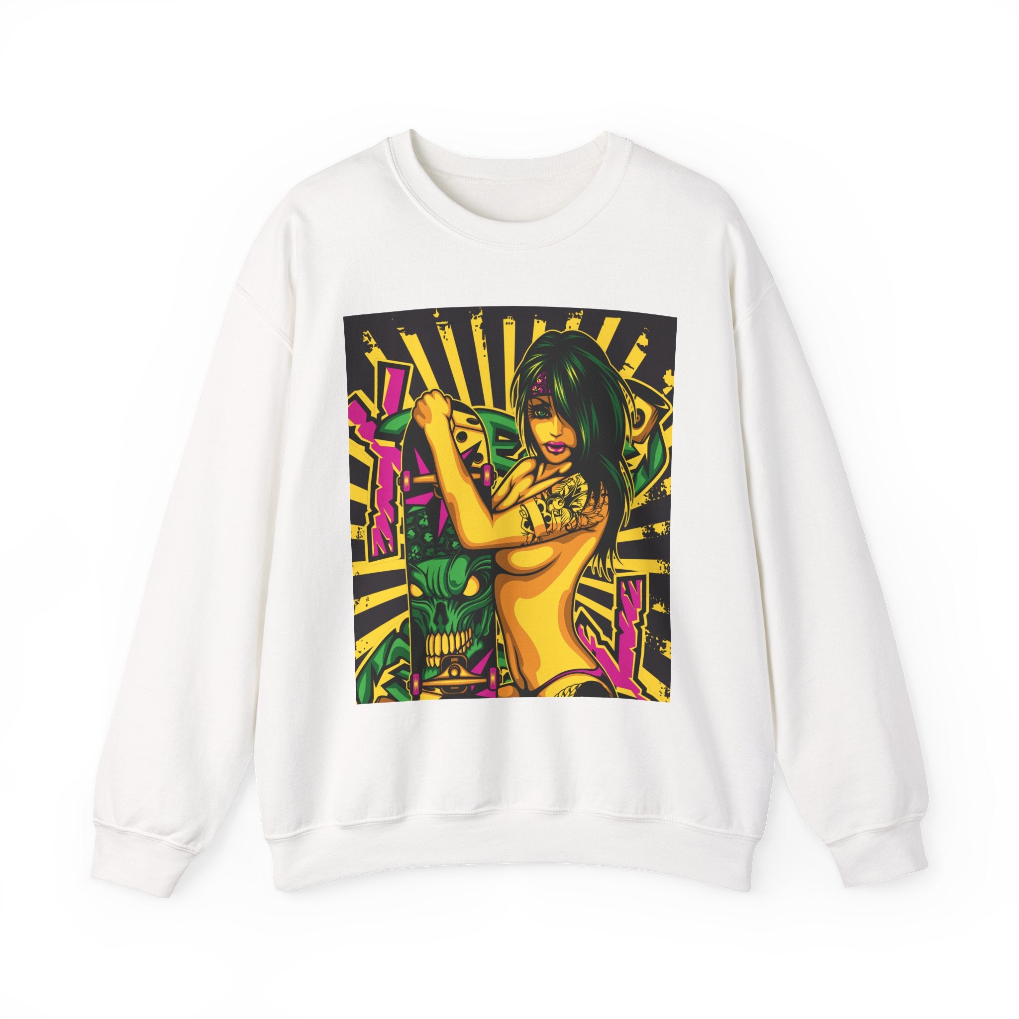 Graphic Crewneck Sweatshirt — Neon Pinup Samurai Design