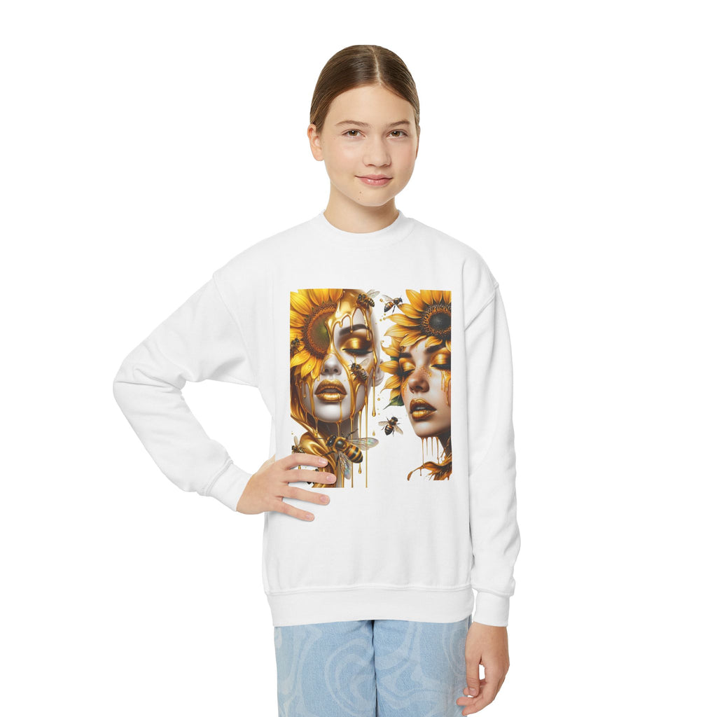 Sunflower Faces Youth Sweatshirt - Artistic Floral Portrait Crewneck