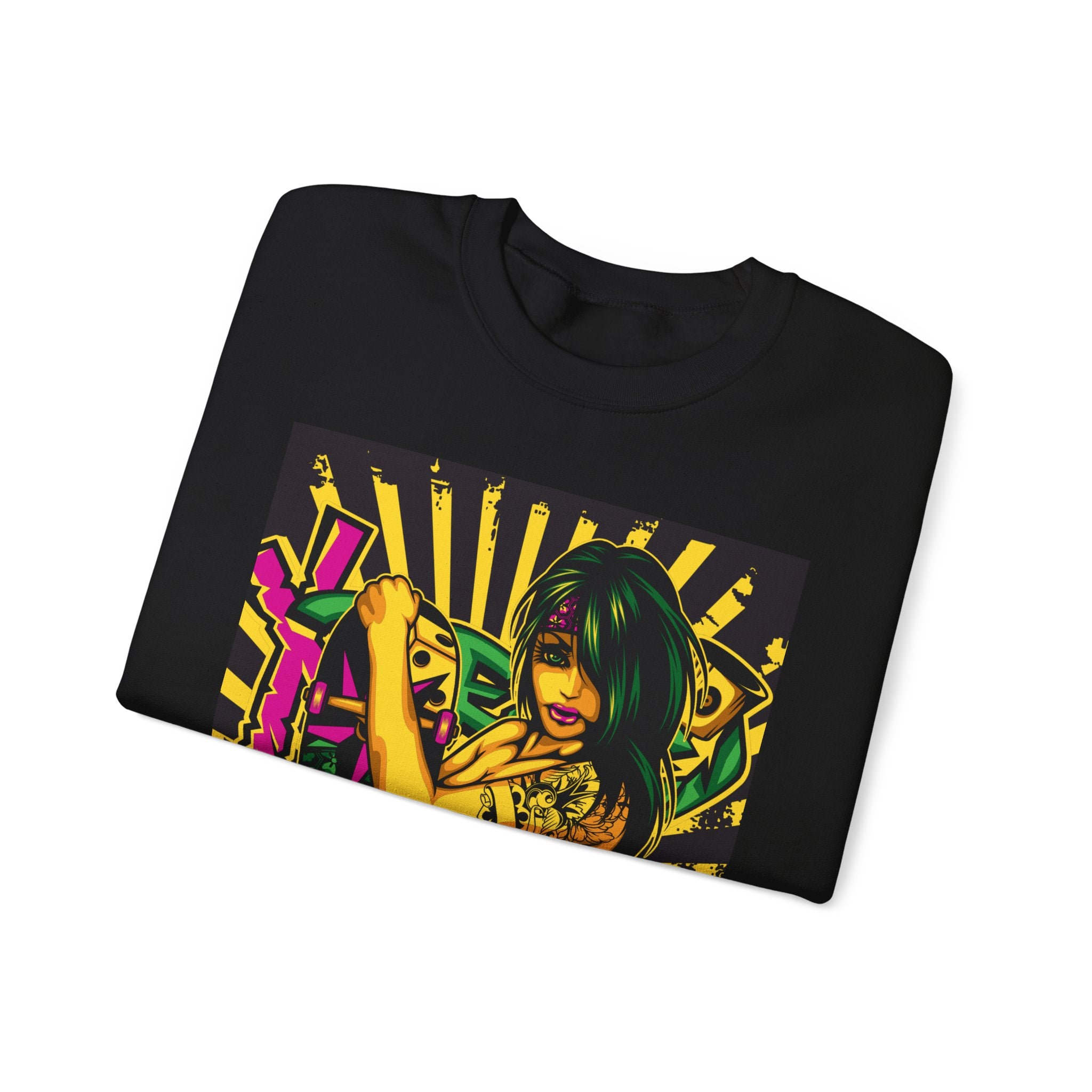 Graphic Crewneck Sweatshirt — Neon Pinup Samurai Design
