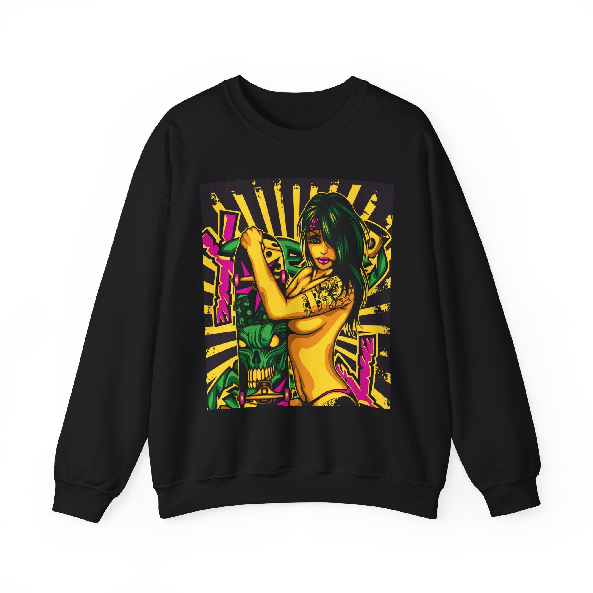 Graphic Crewneck Sweatshirt — Neon Pinup Samurai Design