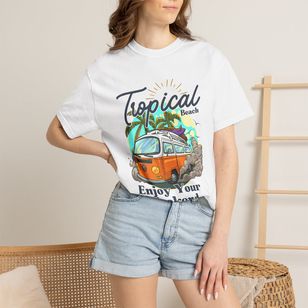 Tropical Beach T-Shirt — Vintage Camper Van "Enjoy Your Weekend"