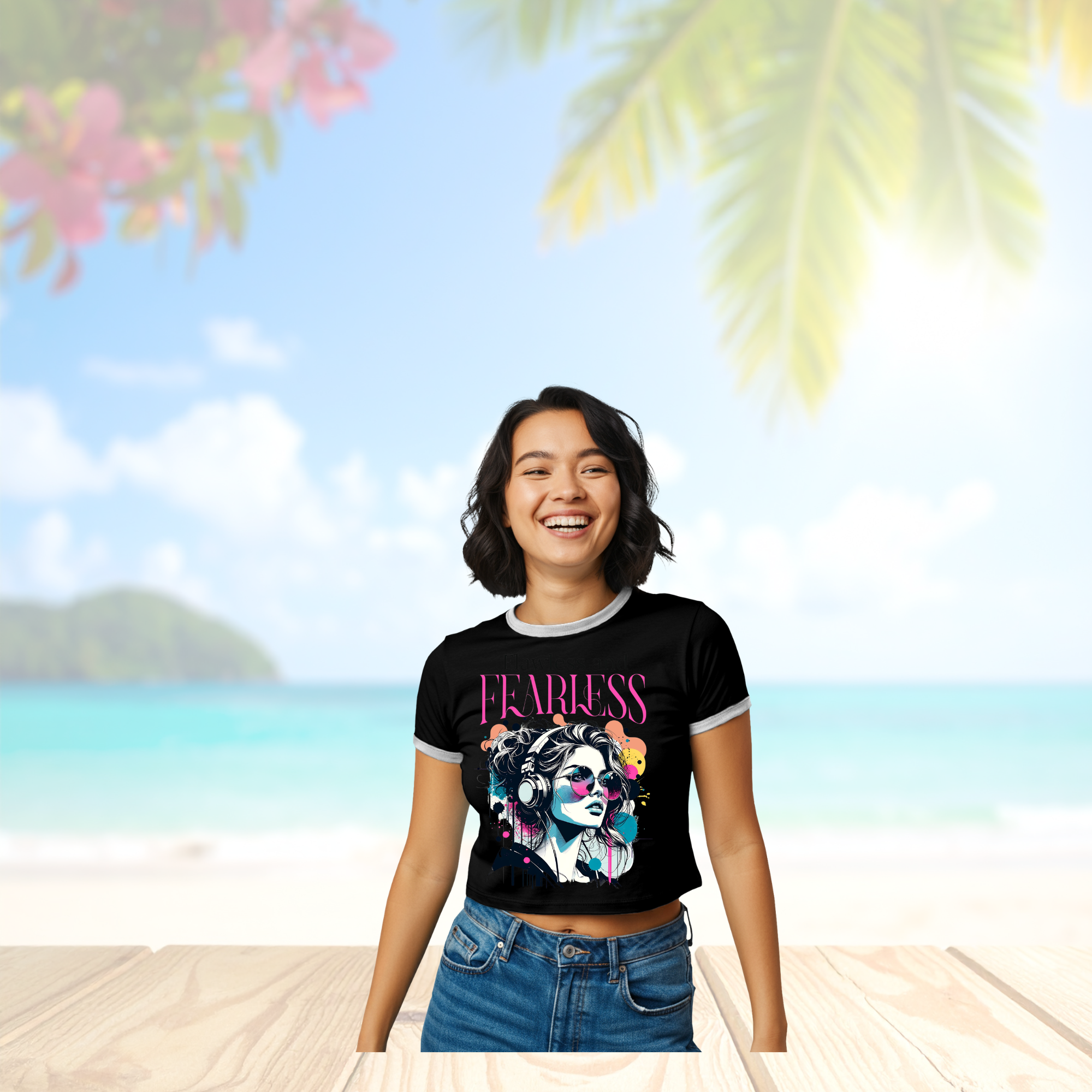 Fearless Women's Ringer Tee Retro Headphones Graphic Shirt
