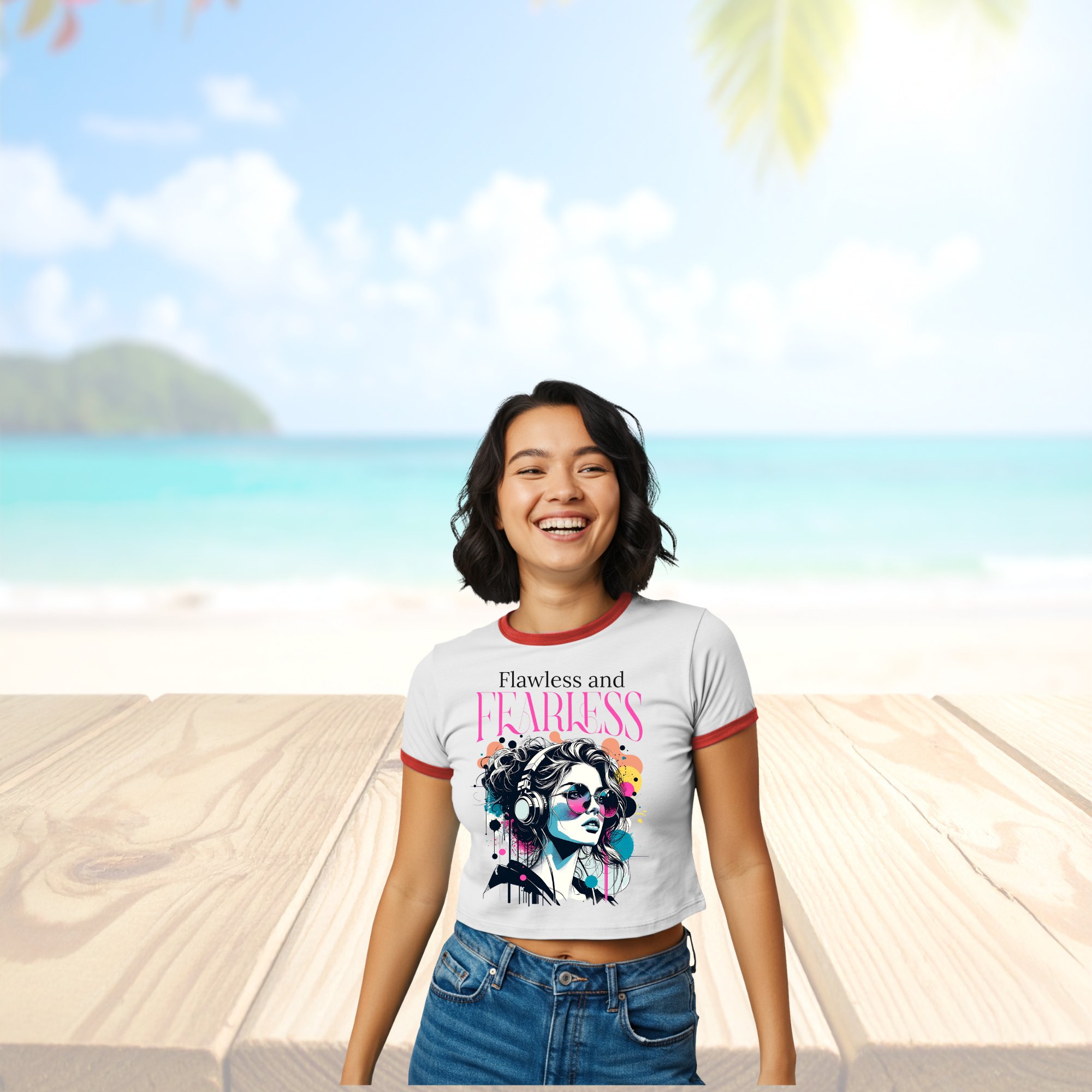 Fearless Women's Ringer Tee Retro Headphones Graphic Shirt