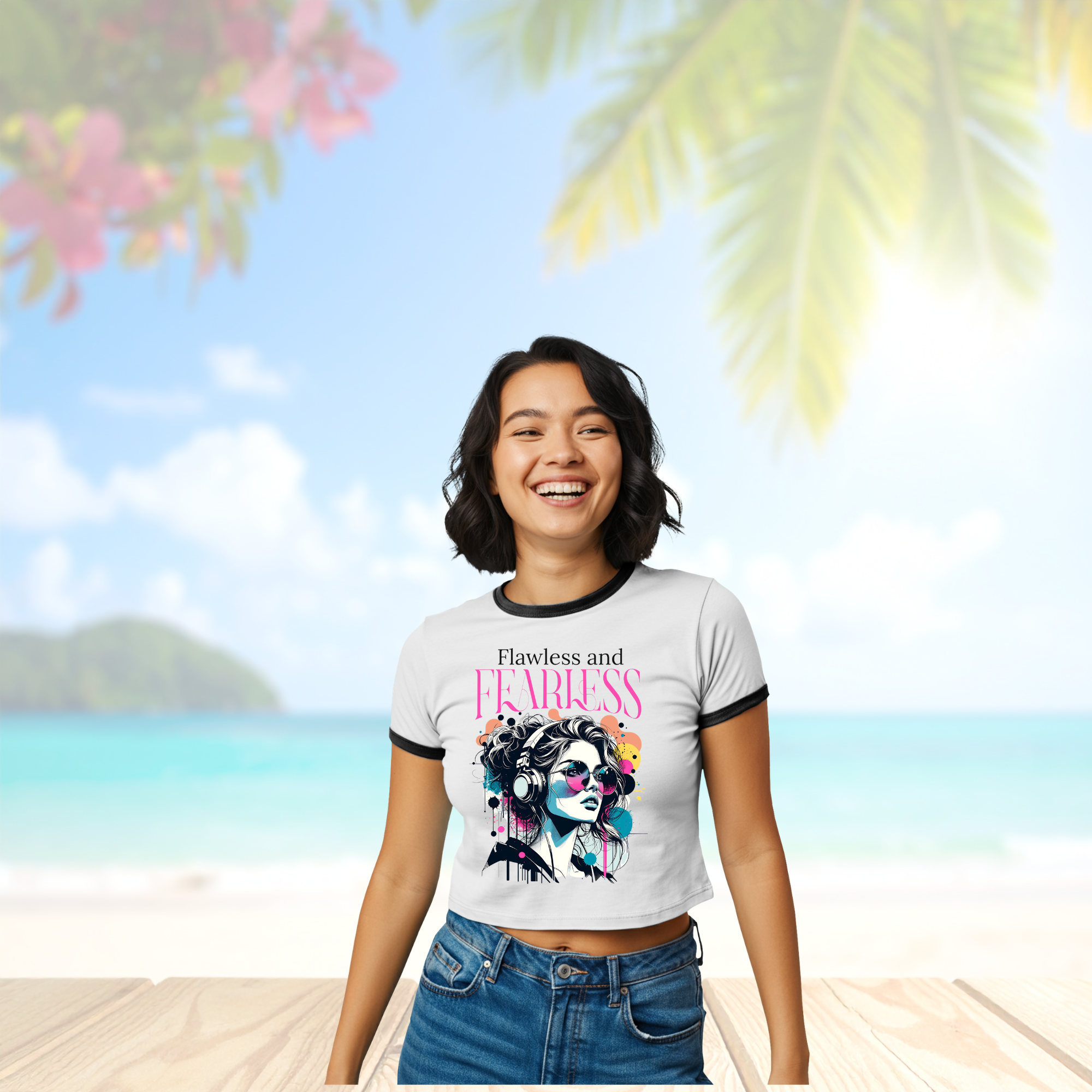 Fearless Women's Ringer Tee Retro Headphones Graphic Shirt