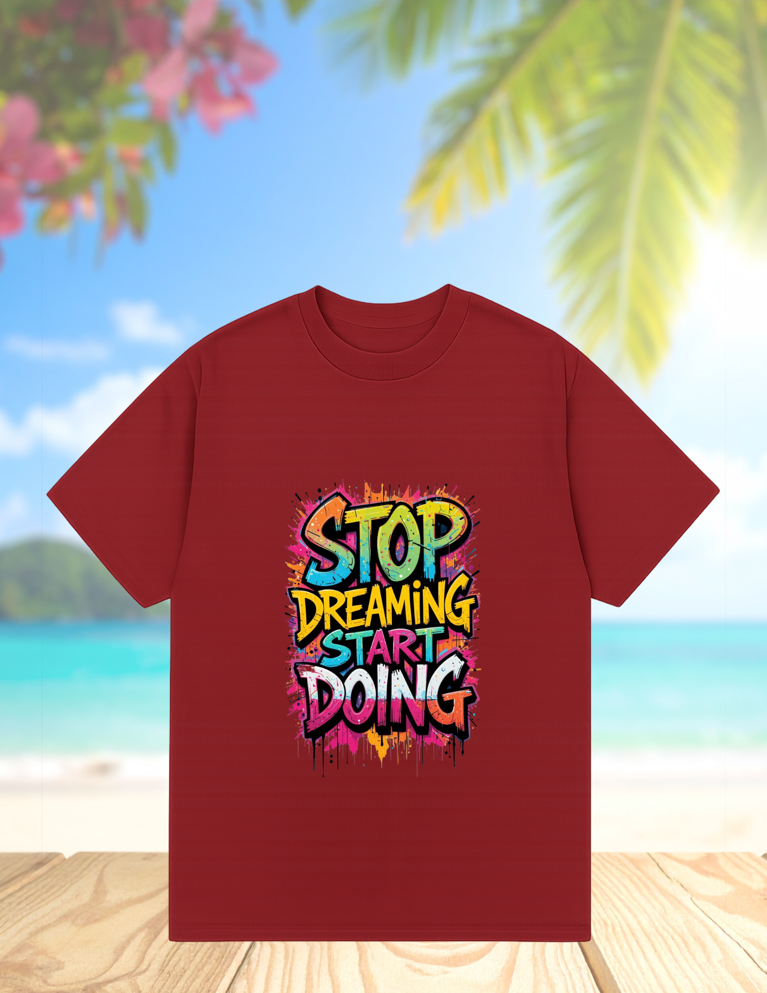 Motivational Graphic Tee  "Stop Dreaming Start Doing" Front with Red Floral Portrait Back