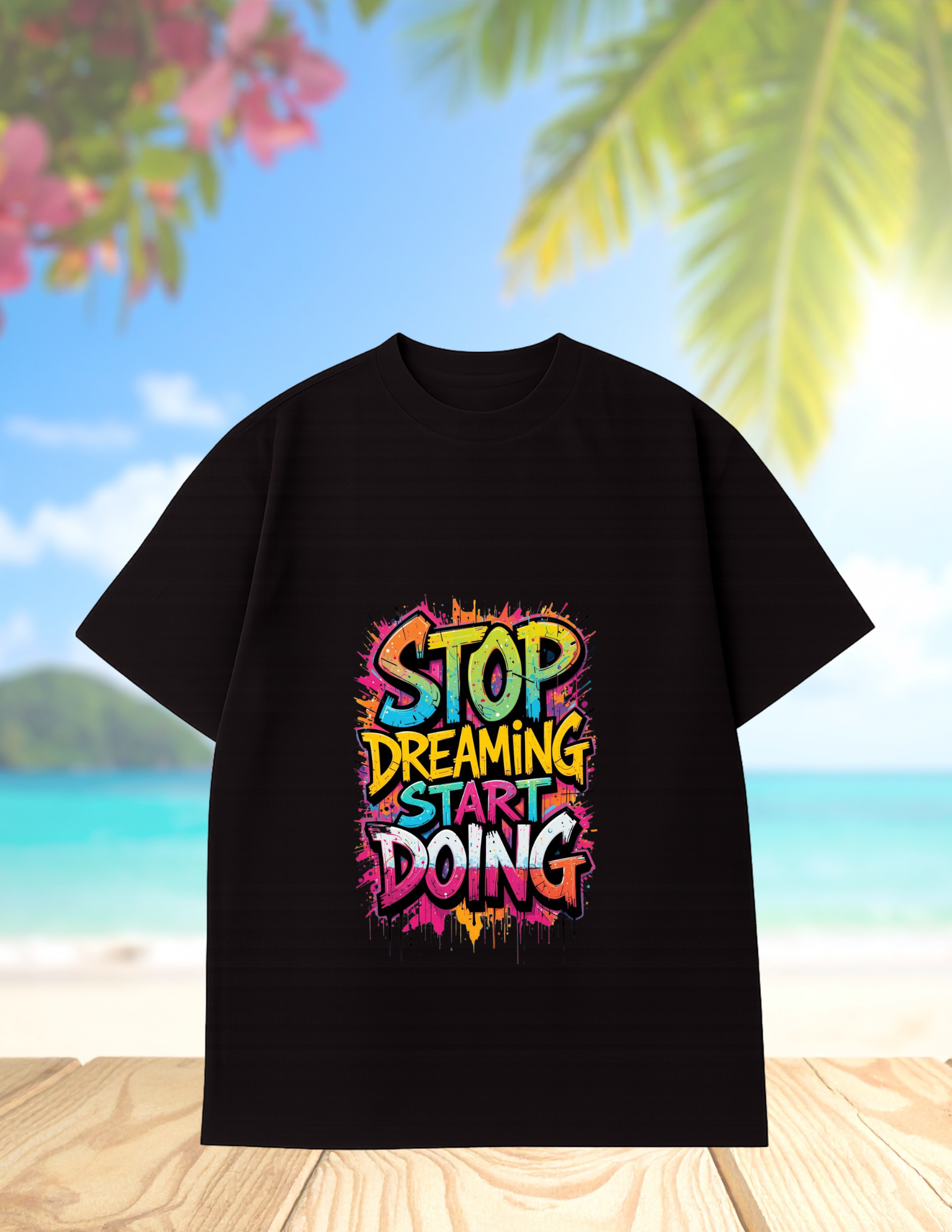Motivational Graphic Tee  "Stop Dreaming Start Doing" Front with Red Floral Portrait Back