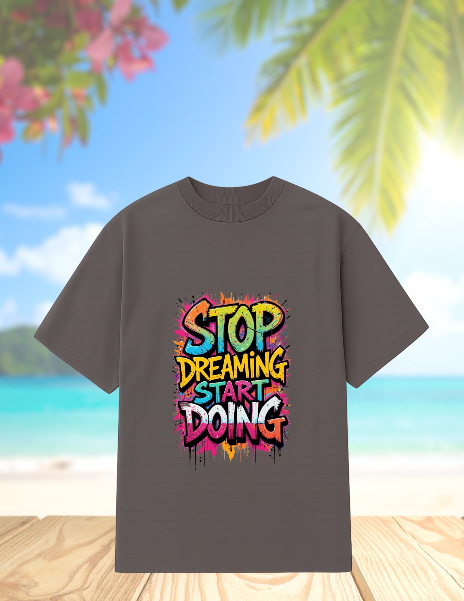 Motivational Graphic Tee  "Stop Dreaming Start Doing" Front with Red Floral Portrait Back