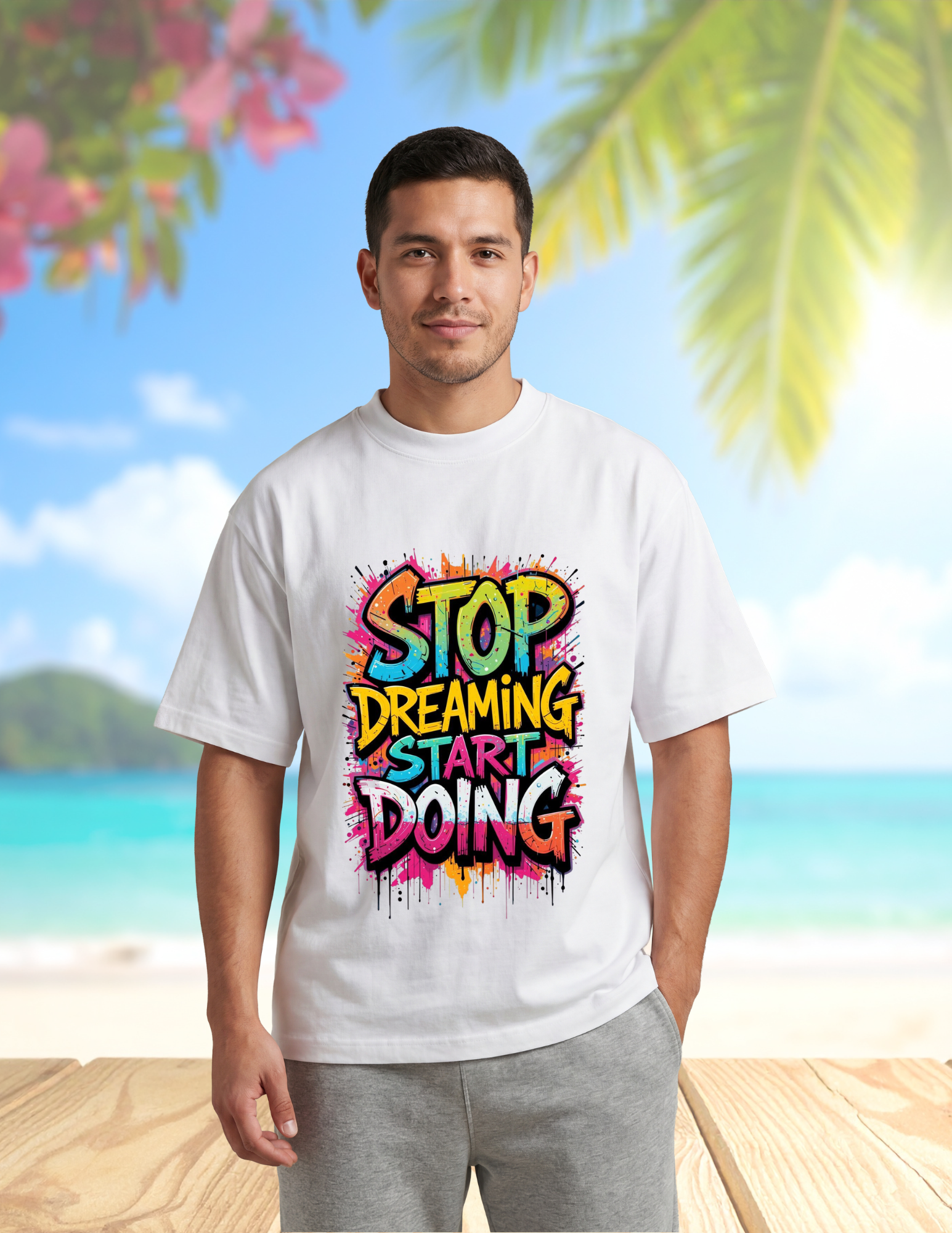 Motivational Graphic Tee  "Stop Dreaming Start Doing" Front with Red Floral Portrait Back