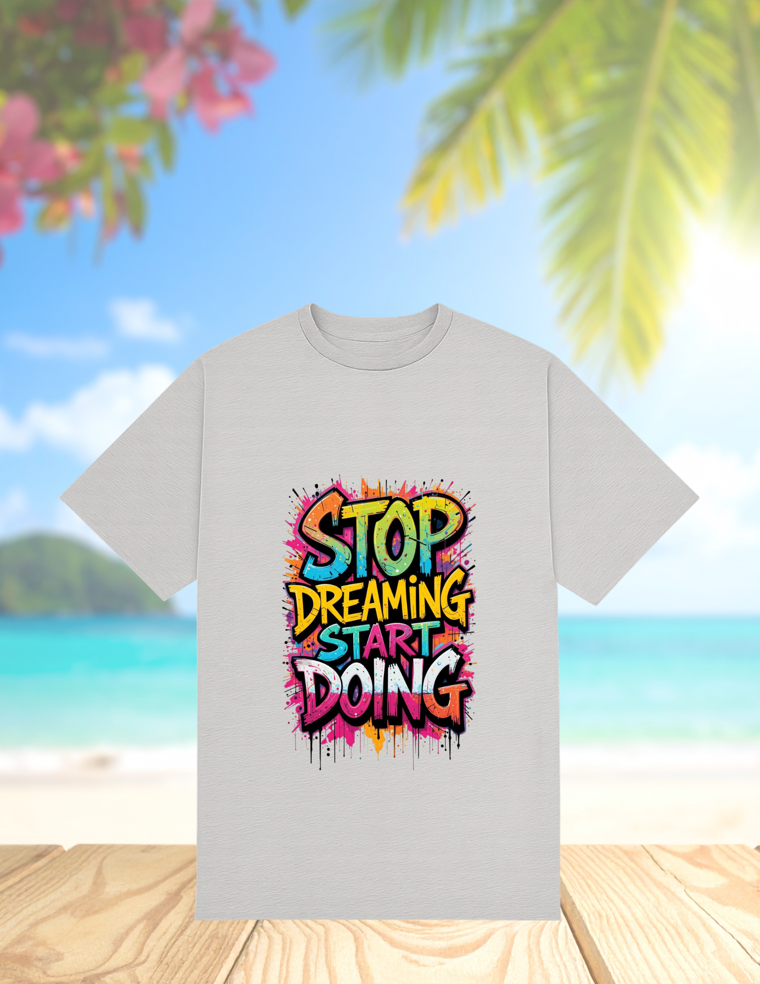 Motivational Graphic Tee  "Stop Dreaming Start Doing" Front with Red Floral Portrait Back
