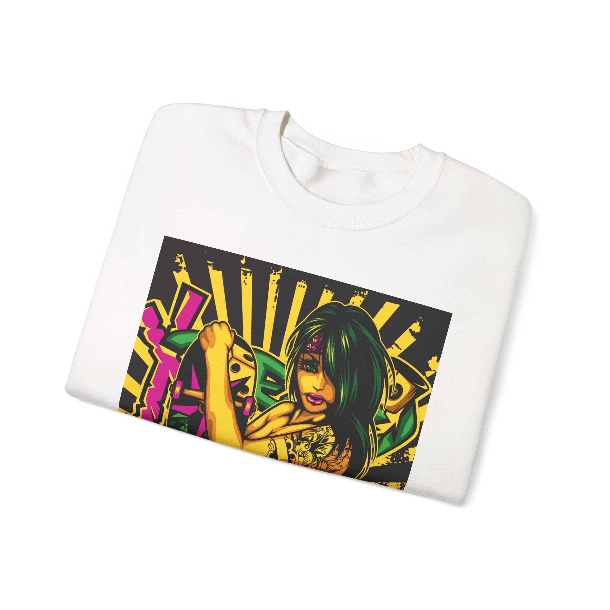 Graphic Crewneck Sweatshirt — Neon Pinup Samurai Design