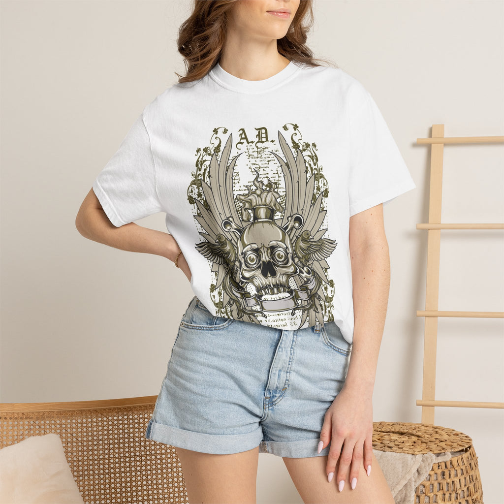 Skull Crest Illustration T-shirt | Floral Pinup Back Design