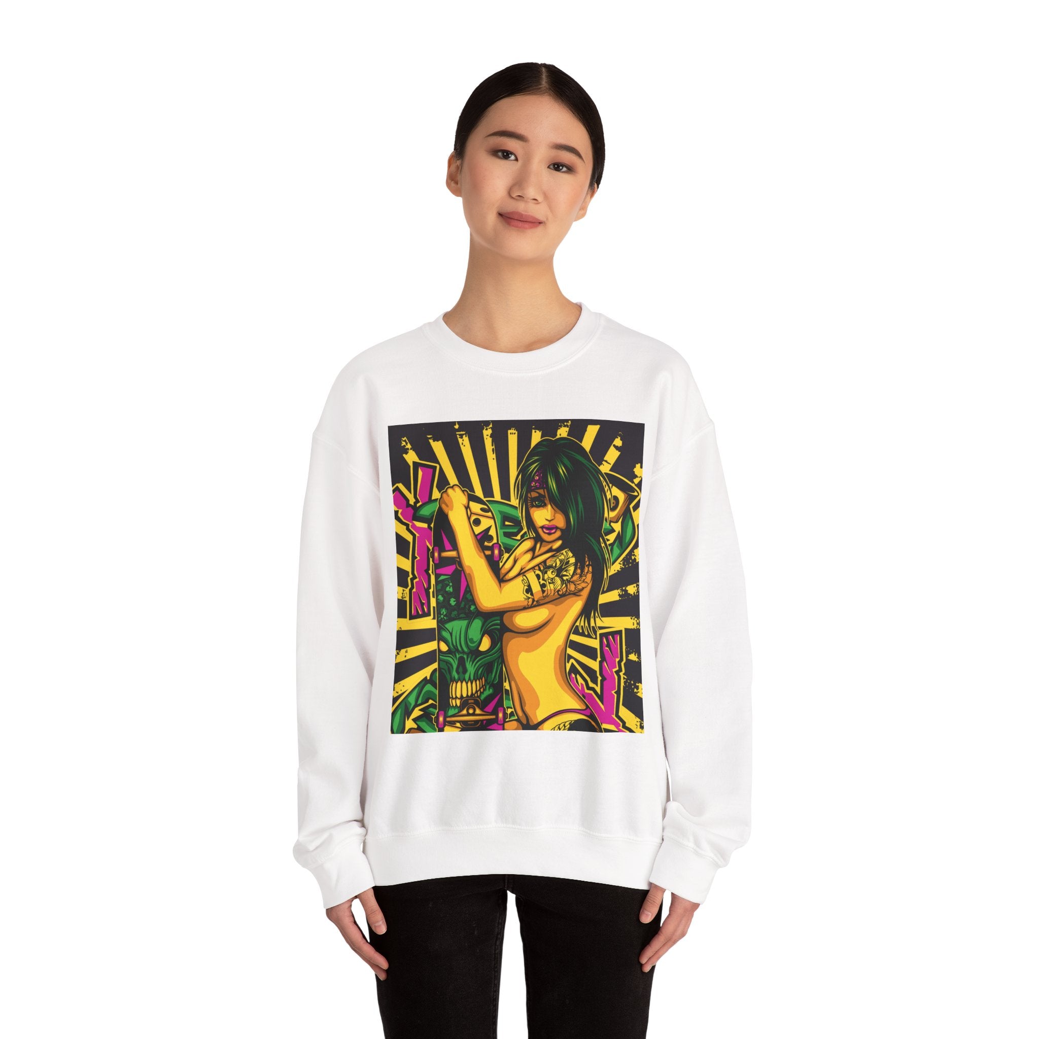 Graphic Crewneck Sweatshirt — Neon Pinup Samurai Design