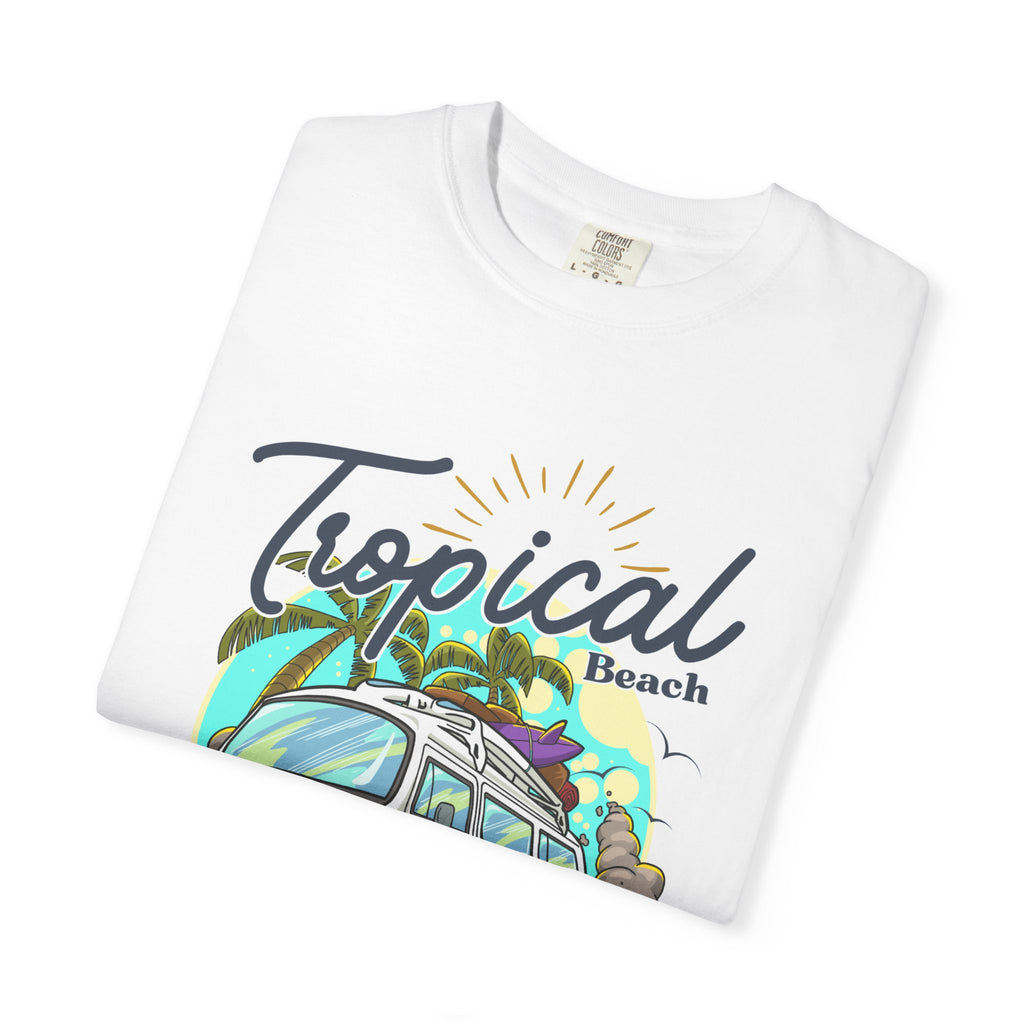 Tropical Beach T-Shirt — Vintage Camper Van "Enjoy Your Weekend"