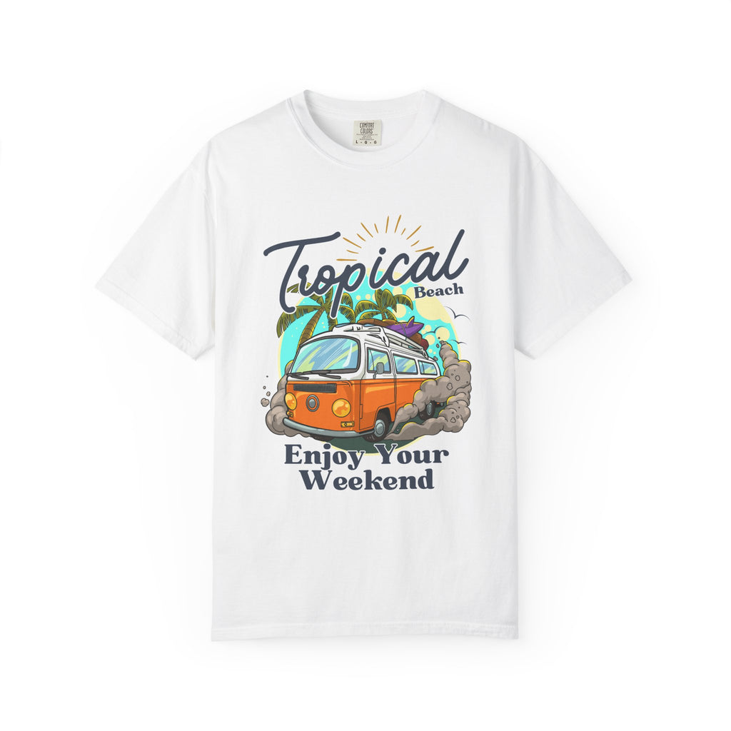 Tropical Beach T-Shirt — Vintage Camper Van "Enjoy Your Weekend"