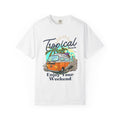 Tropical Beach T-Shirt — Vintage Camper Van "Enjoy Your Weekend"